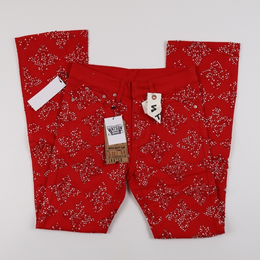 Watson Denim Rhinestone Pearl Flare Jeans Red Diamond Pattern 28 NWT